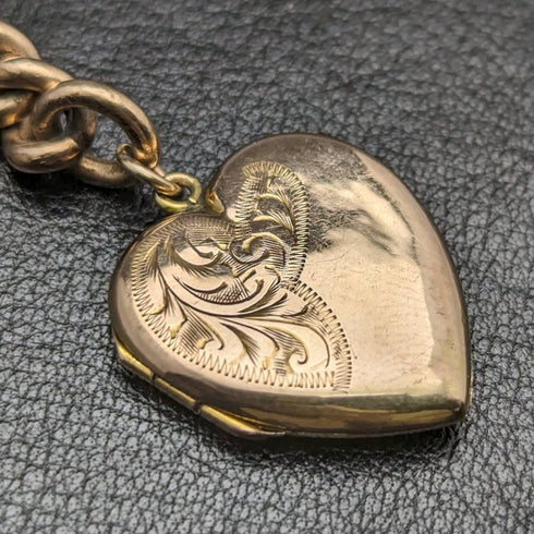 British Antique Rolled Gold Albert Chain 9ct Gold Heart Locket Fob